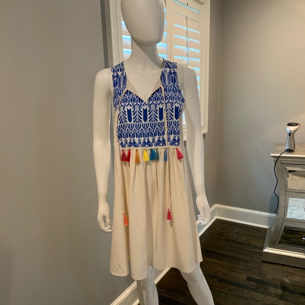 Blue and White Tie-Neck Tassel Sundress